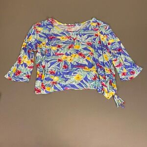 Casey Key Women 1X Tropical Flamingo Pineapple Rhinestone 3/4 Sleeve Tie Top